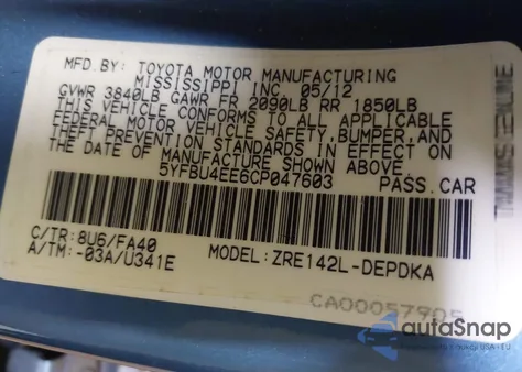 2012 Toyota Corolla L из США, поврежденный, VIN 5YFBU4EE6CP047603